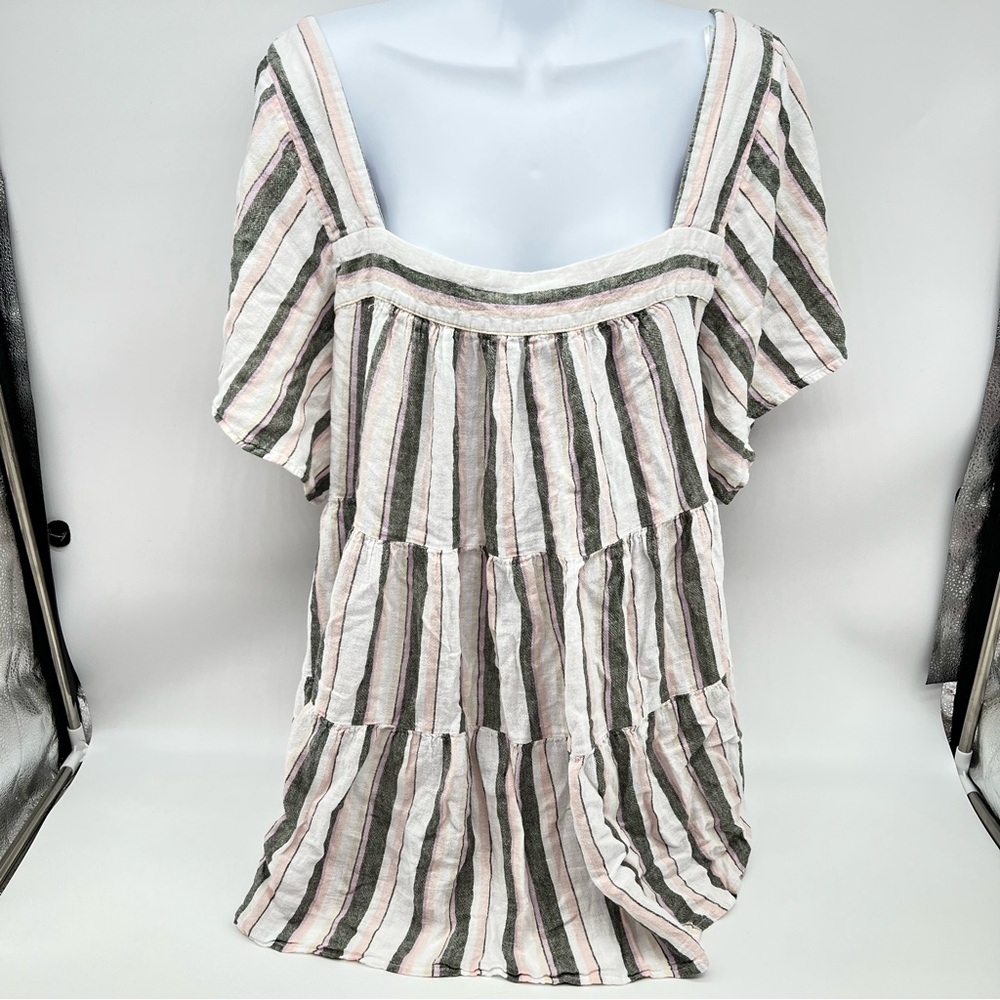 Terra & Sky Striped Tiered Linen BlendTunic in White/Gray/Pink/Cream-Size 2X